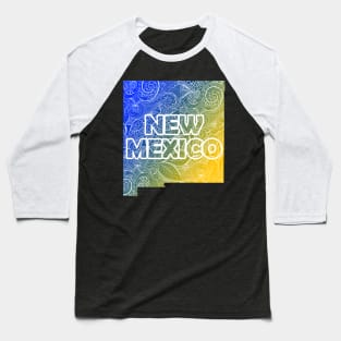 Colorful mandala art map of New Mexico with text in blue and yellow Baseball T-Shirt